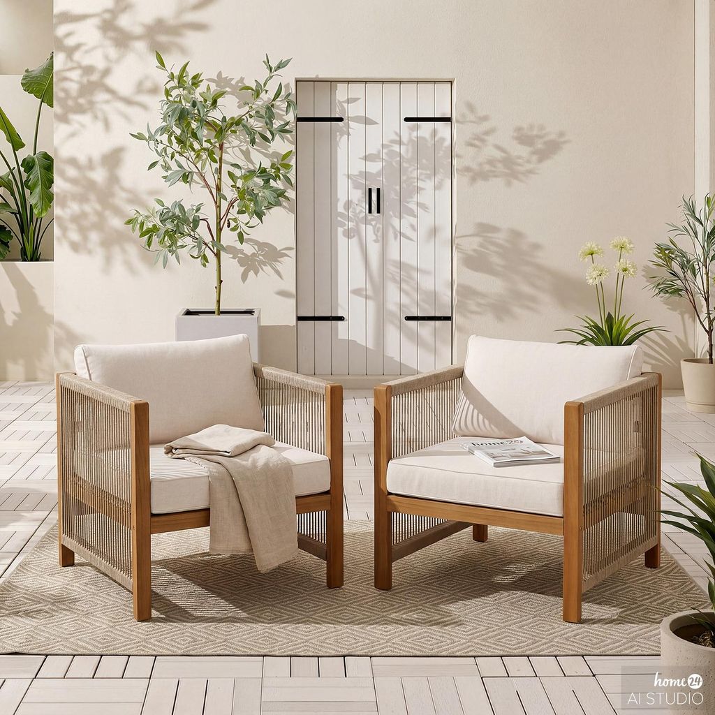 home24 Loungesessel - 2er-Set - Akazie massiv / Polyester - Braun / Beige