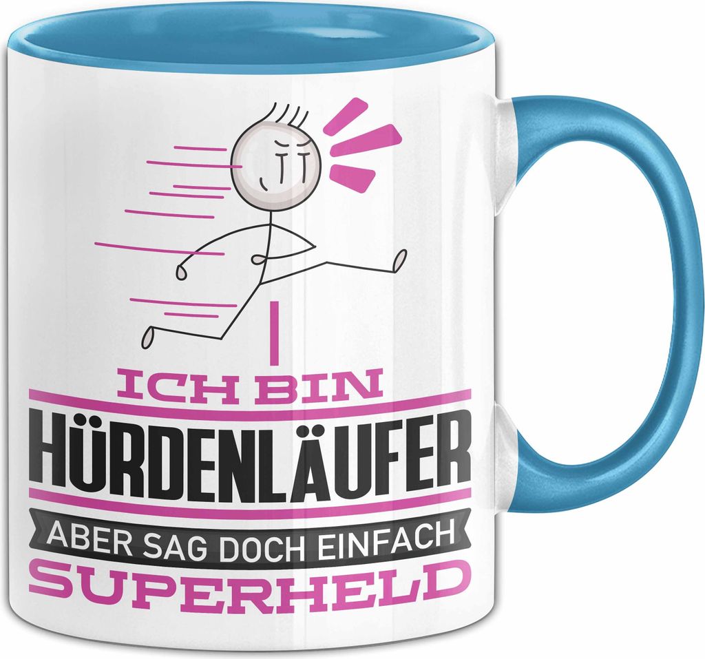 Hürdenläufer Geschenk Tasse Ich Bin Hürdenläufer Aber Sag Doch Einfach Superheld Lustige Geschenkdiee für Hürdenläufer Kaffee-Becher (Blau)