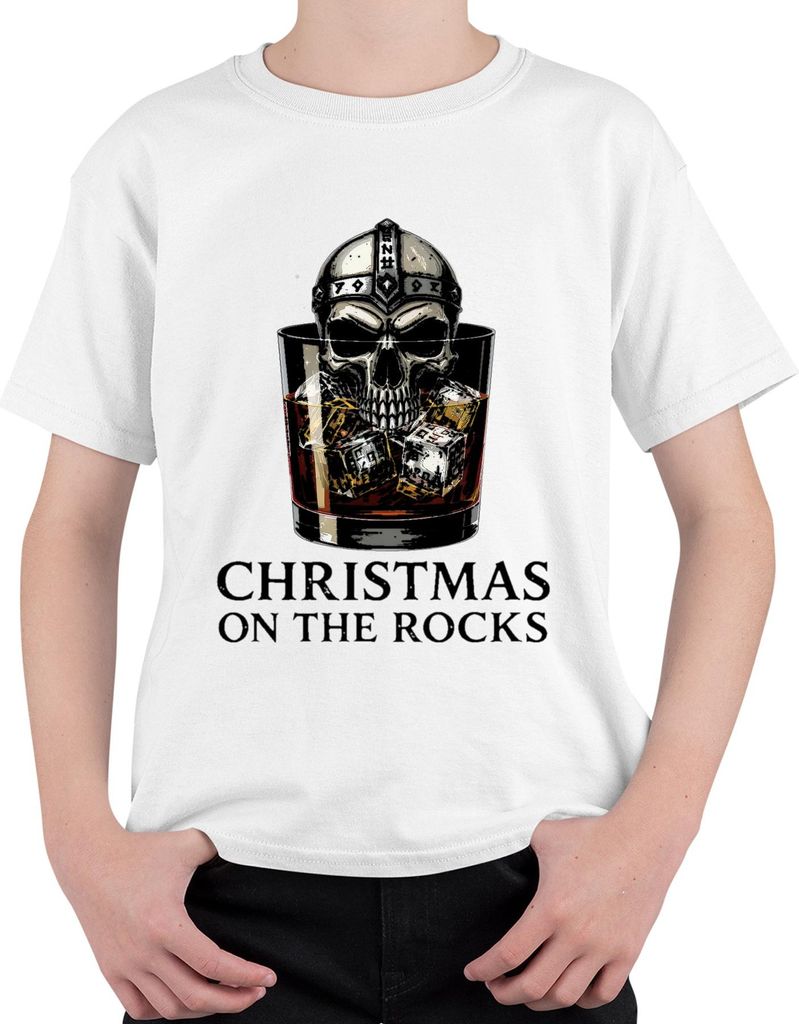 Christmas On The Rocks Whiskey Skull Viking Helm Runen Geschenk Uni Kinder T-Shirt, Weiß, 152