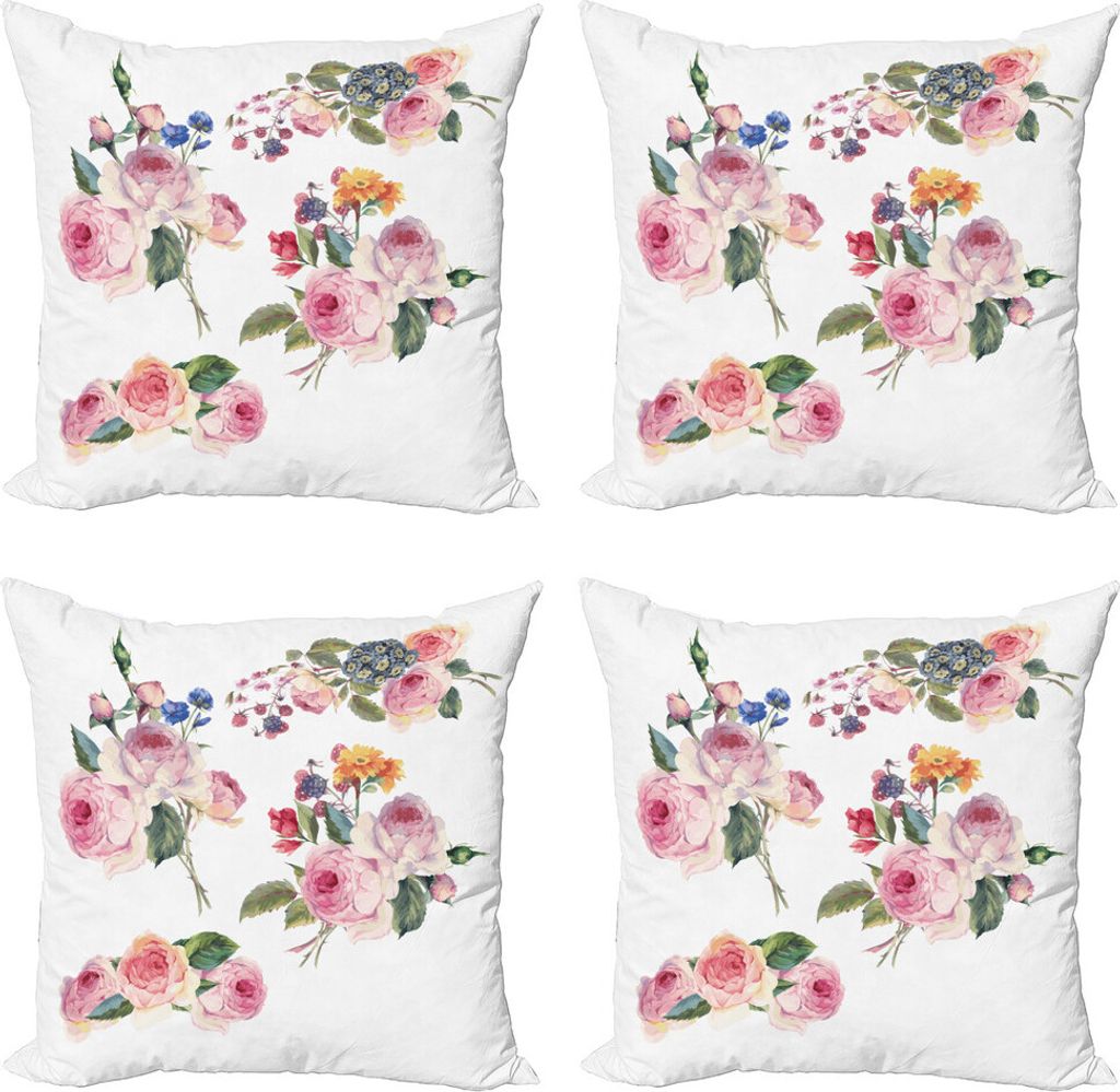 ABAKUHAUS Rose Kissenbezug Set (4 Stück), Englisch Wild Roses Bouquet, Moderner Doppelseitiger Digitaldruck, 50 cm x 50 cm, Mehrfarbig