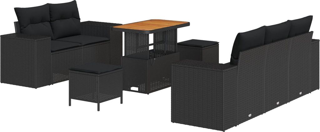 Möbel 8-teilige Garten Sofaset mit Kissen Schwarz Poly Rattan Akazie, 3-teilige Garten Essgruppe mit Kissen Schwarz Poly Rattan Akazie - Gartensof...