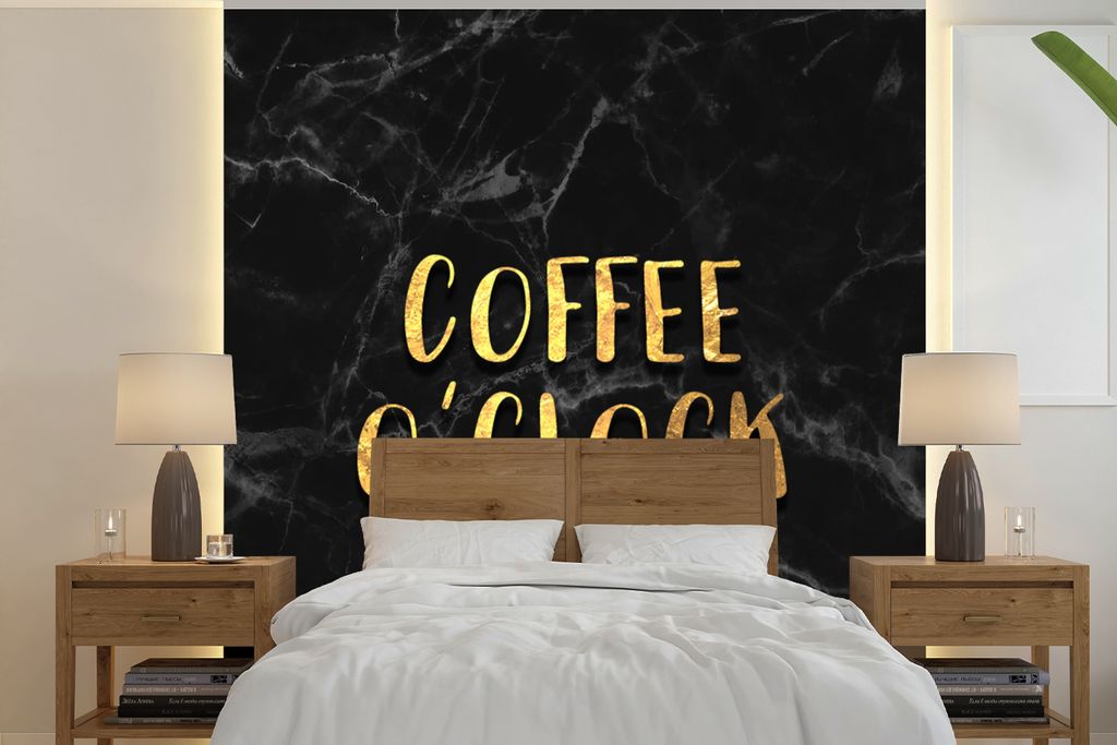MuchoWow Fototapete für Wohnzimmer oder Schlafzimmer Wandtapete Vinyl Motivtapete Zitat - Kaffee - Gold - Marmor - 350x350 cm - Schlafzimmertapete