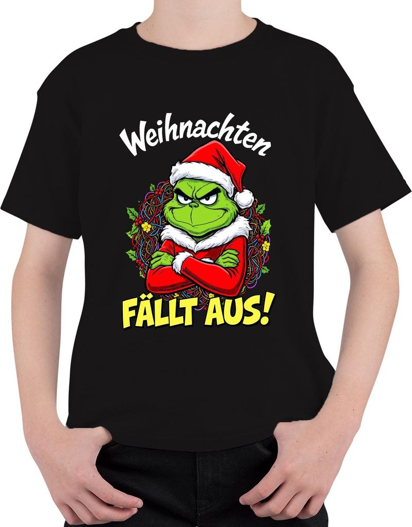 Weihnachten FÄLLT AUS Grinch Weihnachtskranz wütend lustig böse Uni Kinder T-Shirt, Schwarz, 104