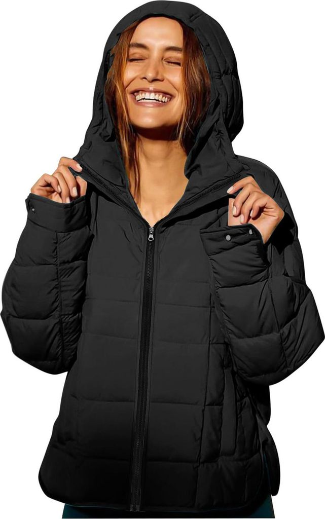 ASKSA Damen Steppjacke Leicht Kurz Kapuze Wintermantel Daunenjacke Jacke Laessig Outdoorjacke mit Taschen (Schwarz,XXL)