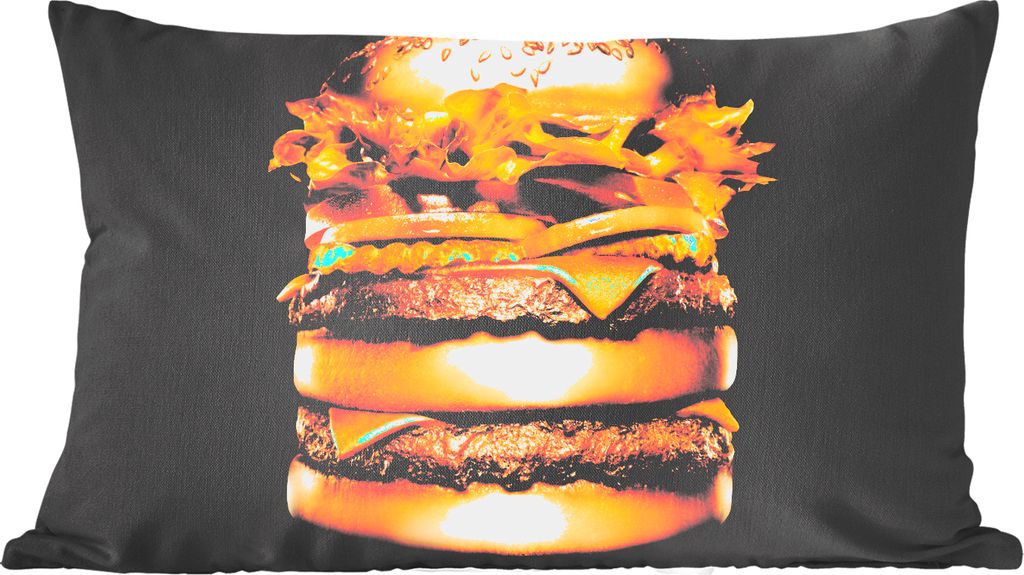 MuchoWow Zierkissen Sofakissen Wohnzimmer Dekokissen 60x40 cm Goldener Hamburger auf schwarzem Hintergrund. - Kopfkissen - Polster mit Foto