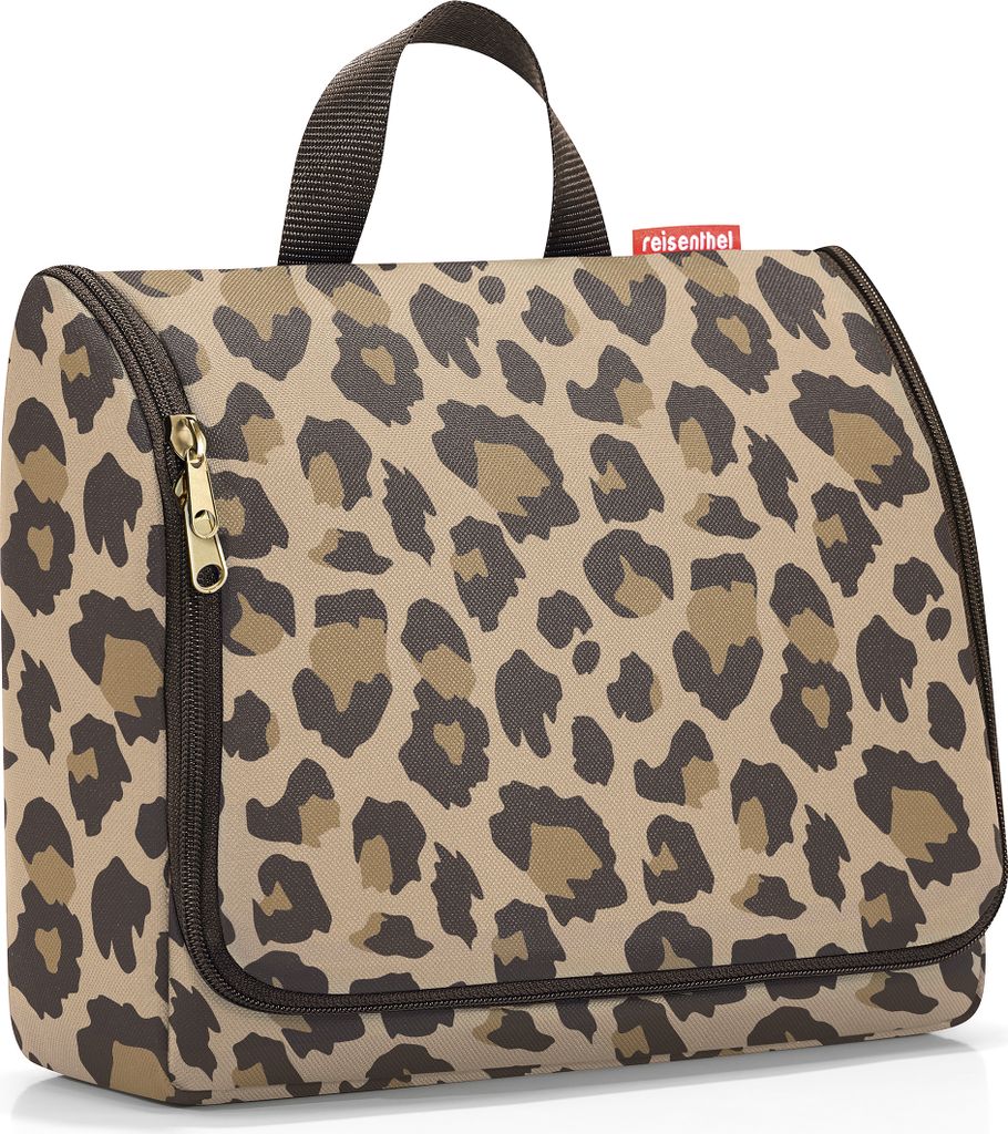 A leopard print toiletry bag on a white background.