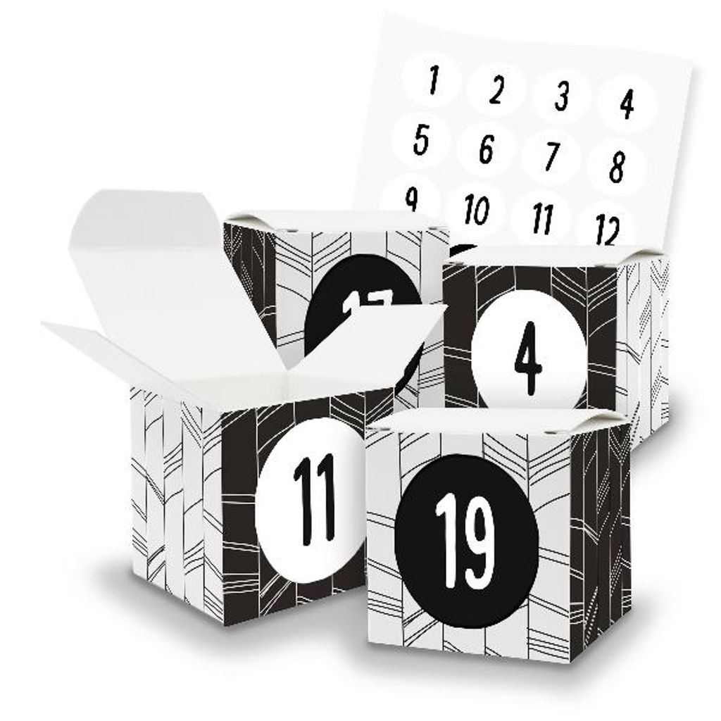 Adventskalender zum Füllen 24x Würfel mit Muster (V40) + Sticker Zahlen (Z33)