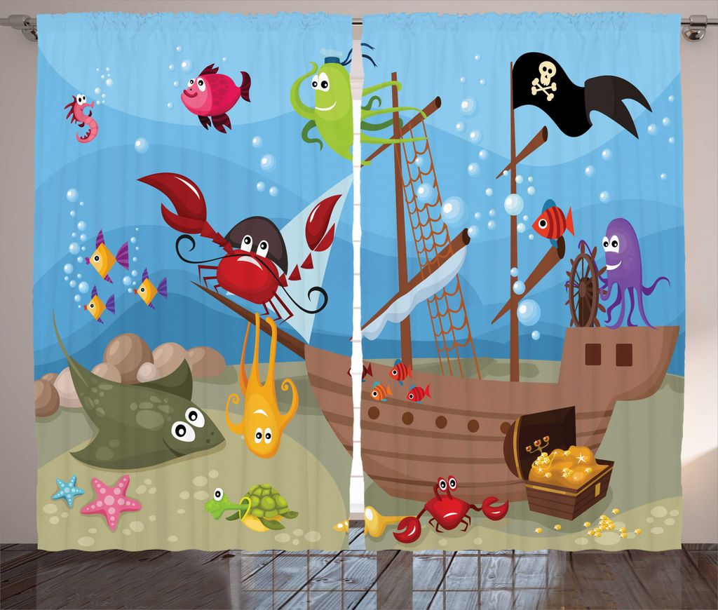 ABAKUHAUS Pirat Rustikaler Vorhang, Schiff Unterwassertiere, Wohnzimmer Universalband Gardinen mit Schlaufen und Haken, 280 x 245 cm, Mehrfarbig