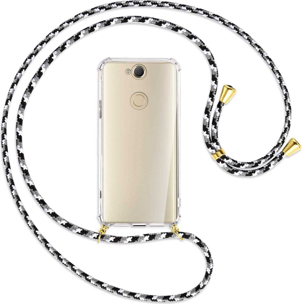 Handykette Backcover-Schutzhülle mit Band (Metall goldfarben) für Sony Xperia XA2 Plus - schwarz/grau/weiß
