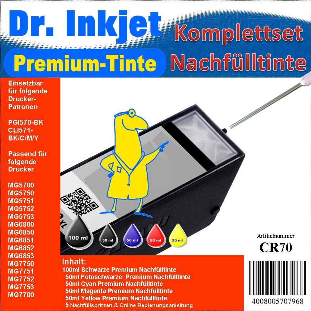 CR70 - 300ml - Dr.Inkjet Premium Nachfülltinte Starterset für Ihren Drucker mit PGI570 / CLI571 & PGI580 / CLI581 Patronen
