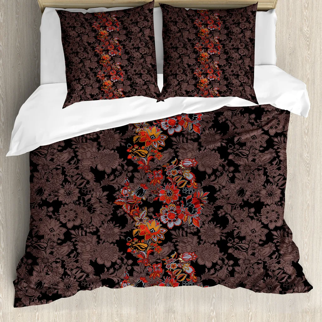 ABAKUHAUS Copripiumino Blume, fiori giapponesi vivaci, antiacaro, adatto a chi soffre di allergie, con federe, 200 cm x 200 cm - 80 x 80 cm, nero arancione senape