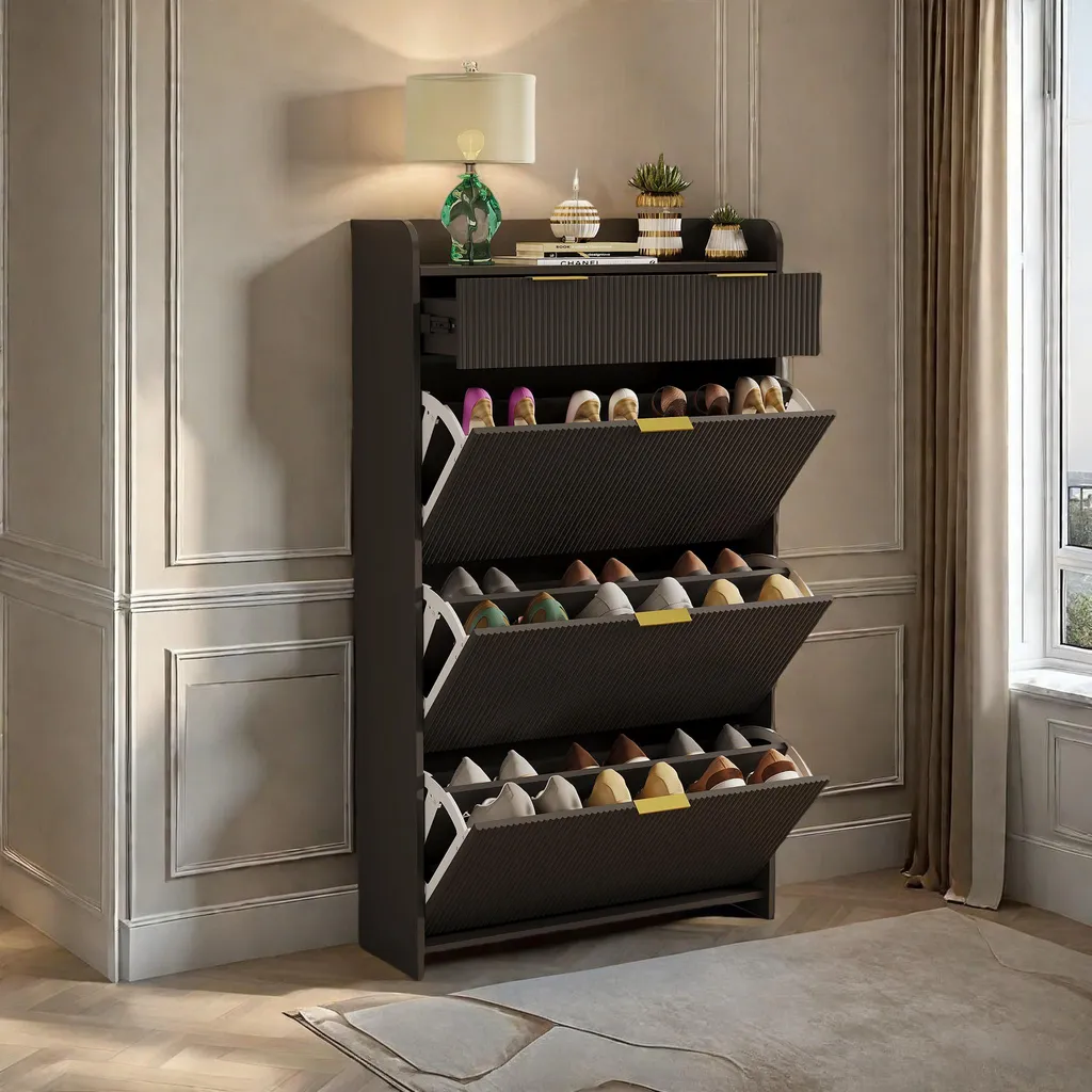 UnboxG Scarpiera nera 77,1×24,2×133,5 cm – Scarpiera con ripiano, spazio contenitivo 2 in 1 con scomparti ribaltabili e cassetto, scaffale per scarpe per corridoio, camera da letto o ingresso