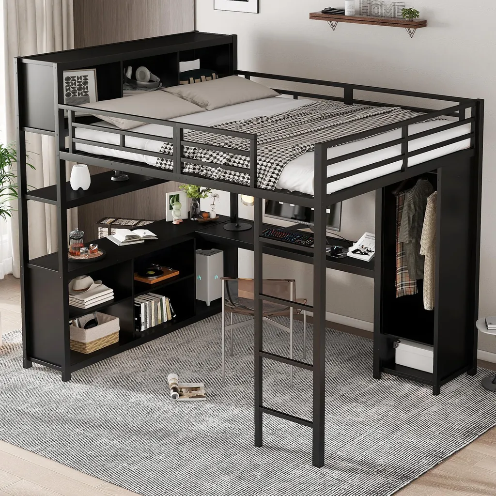 Lit Mezzanine 140x200 en Métal Noir avec Bureau et Dressing Intégré