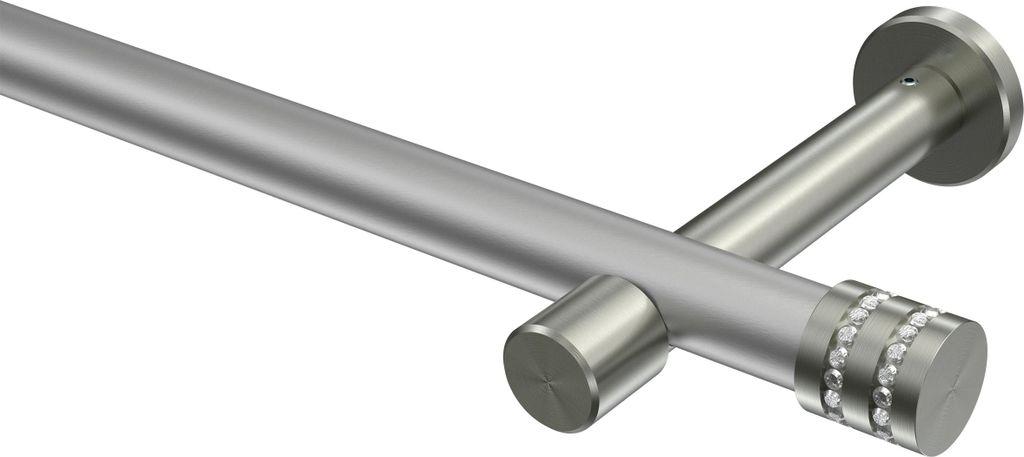Interdeco Gardinenstange / Vorhangstange Silbergrau / Edelstahl-Optik, Typ Prestige Estana (Glitzerkappe) ohne Ringe, 20 mm Ø 1-läufig, 480 cm