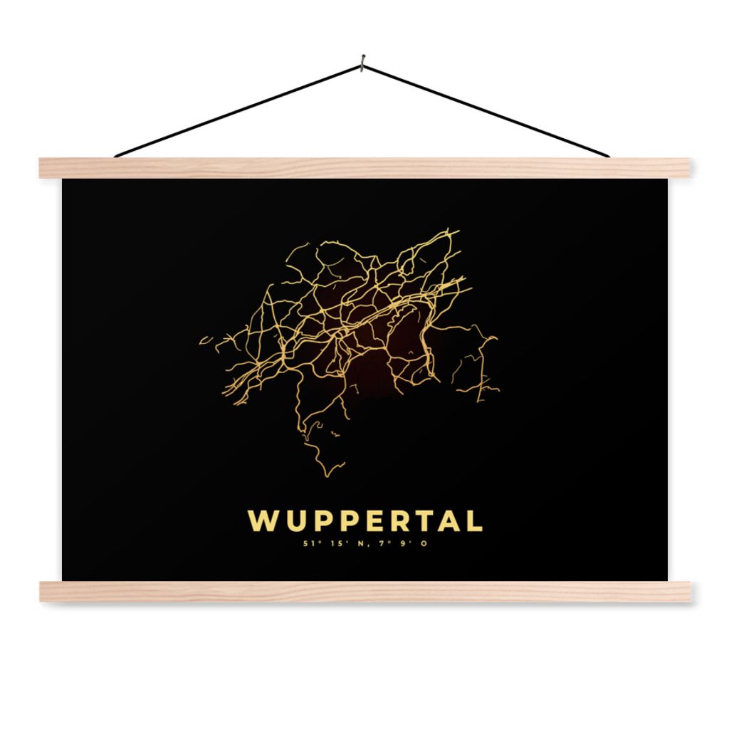 MuchoWow Textilposter Stadtplan - Karte - Gold - Wuppertal - Karte 120x80 cm mit holzfarbenen Rahmen - Aufhängeset