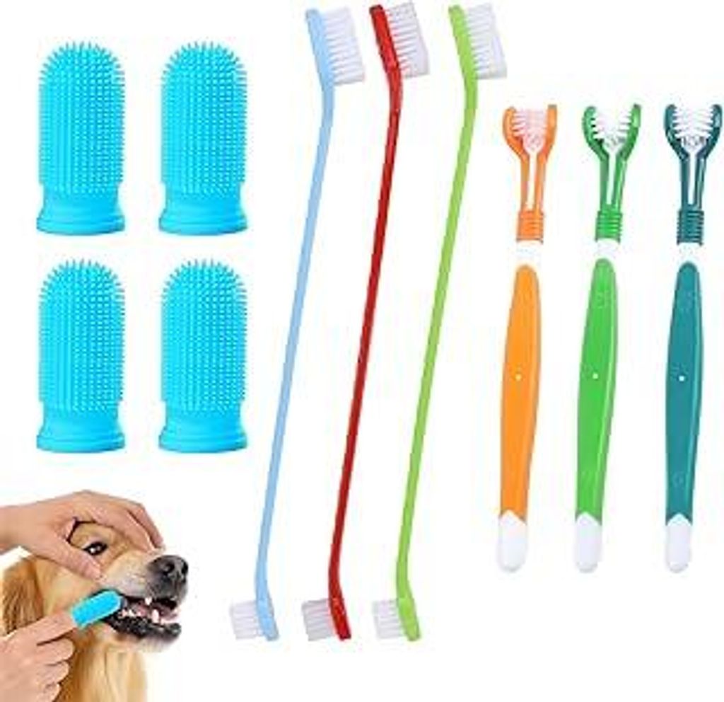 10er Set Hundezahnbürste, Zahnbürste Hund Mit 3 Dreikopf- und 3 Doppelkopf-Bürsten, Mit 4 Fingerbürsten Hunde Zahnbürste Für Kleine und Groß...