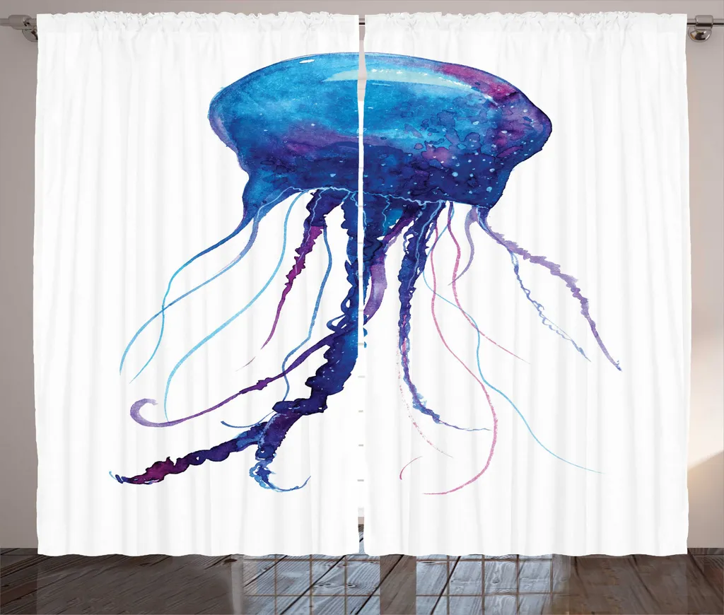 Rideau occultant partiel pour vis-à-vis, motif méduse bleu 280 x 225 cm