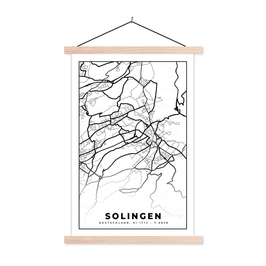 MuchoWow Textilposter Solingen - Karte - Stadtplan 40x60 cm mit holzfarbenen Rahmen - Poster