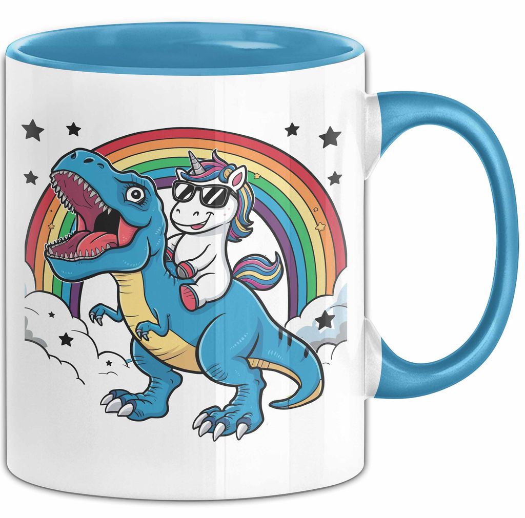 Einhorn Liebhaber Tasse Geschenk Einhorn Reitet Auf Dinosauriere T-Rex Dino Frauen Geschenk (Blau)