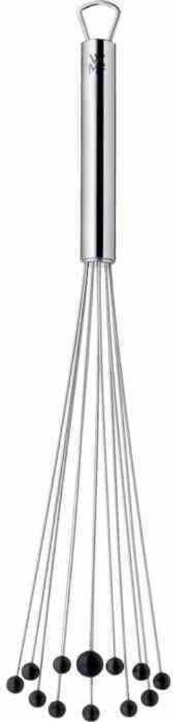 A stainless steel whisk with black ball tips on a white background.