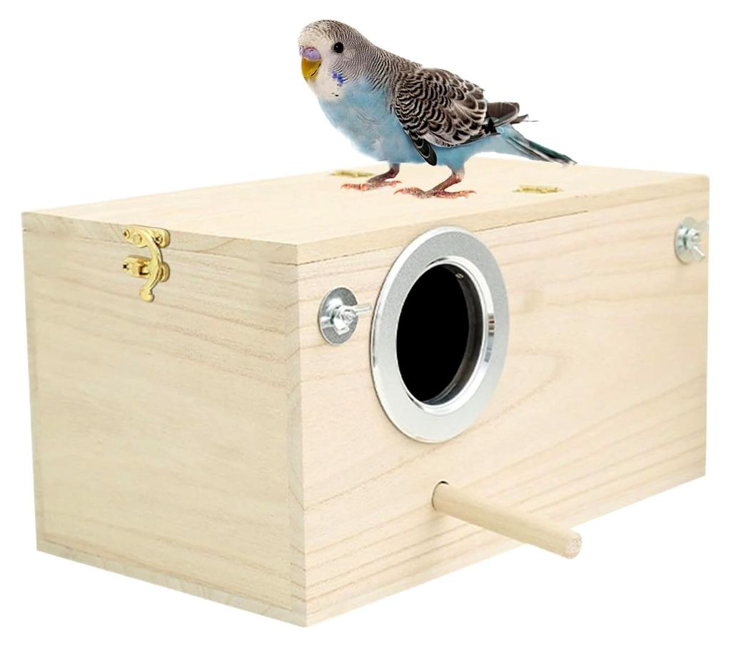 Nymphensittich Nistkasten - Brutkasten aus Holz für Innen- und Außenbereich, geeignet für unzertrennliche und kleine Vögel als Lebensraum, Gart...