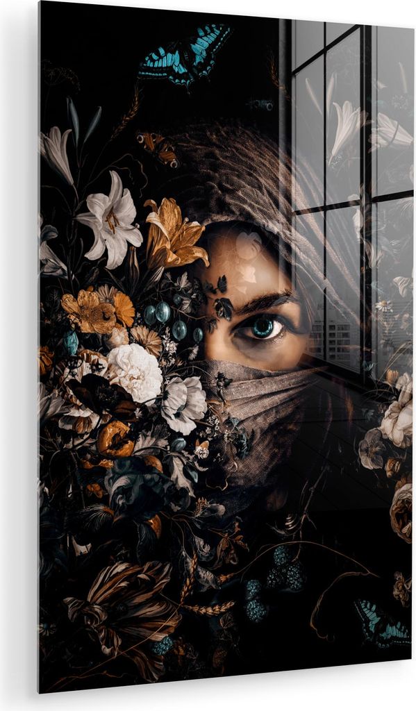 MuchoWow Glasbilder - Bilder auf Wandbild - Foto auf Glas Frau - Luxus - Blumen - Schmetterling - Porträt 40x60 cm Wanddekoration aus Glas - Acryl...