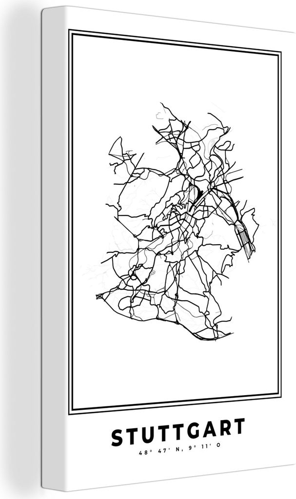 OneMillionCanvasses - Leinwandbilder - 90x140 cm, Schwarz und weiß - Deutschland - Karte - Stadtplan - Stuttgart, Wandbilder Kunstdruck Wanddeko...