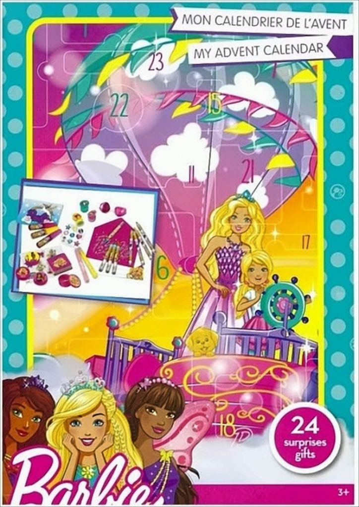 A Barbie advent calendar with illustrations of Barbie characters and a hot air balloon.