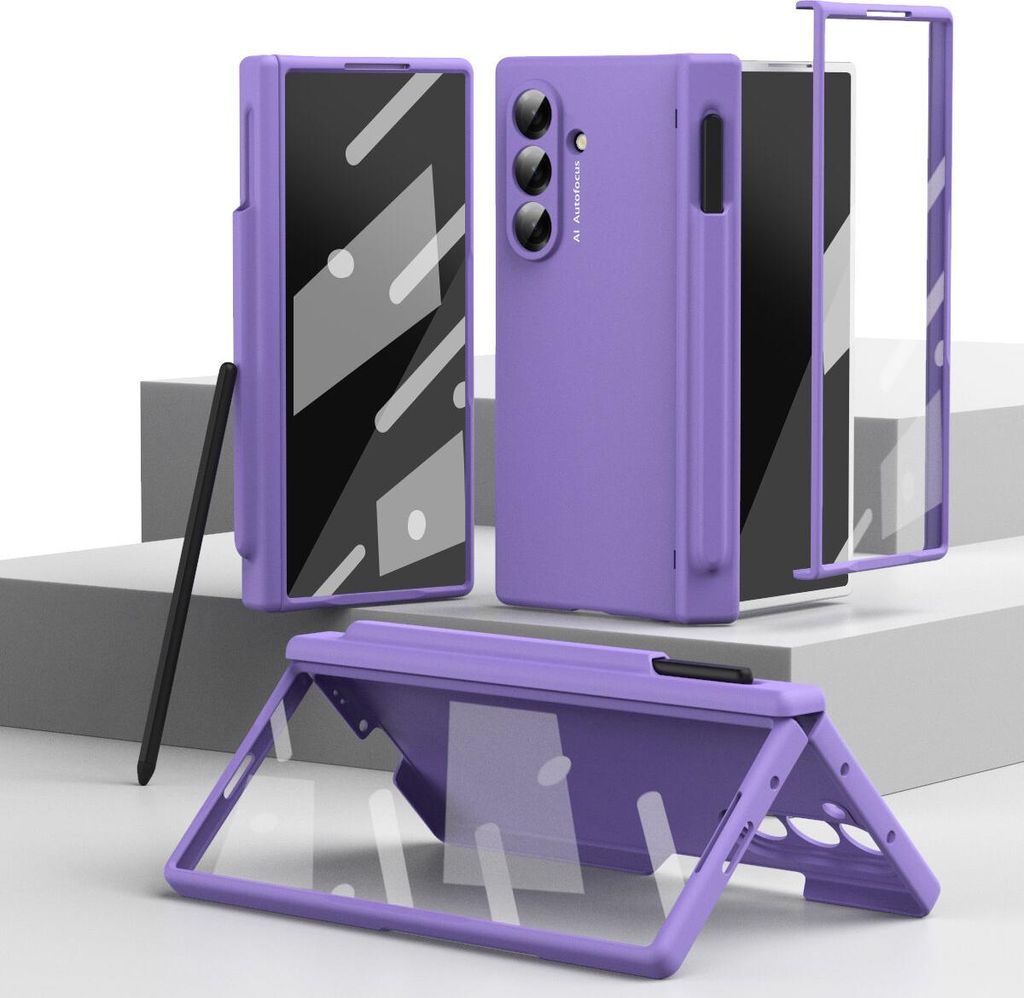 Hülle für Samsung Galaxy Z Fold 7 mit Pen, Scharnierschutz Hartes Anti-Kratzer Schutzhülle mit Displayschutzfolie Lila