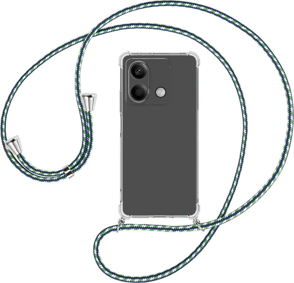 Handykette Backcover-Schutzhülle mit Band (Metall silberfarben) für Xiaomi Redmi Note 13 5G - grün/blau/weiß