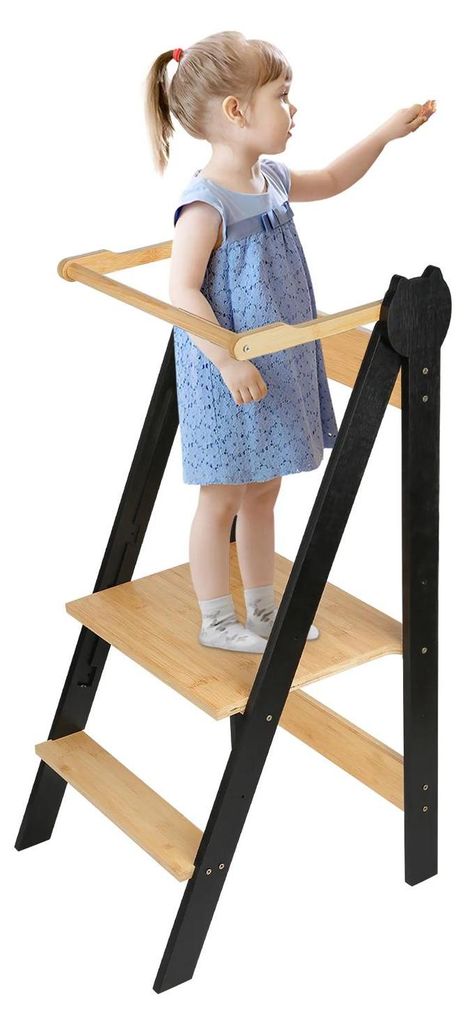 Montessori Lernturm - Küchenhelfer für Kinder - Höhenverstellbar - Bambus - Kompakte Größe - Ab 1 Jahr - Schwarz