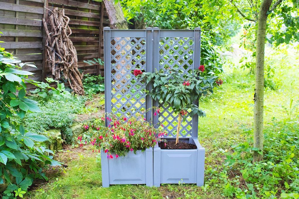 KHW Pflanzkasten mit Rankgitter/Spalier aus hochwertigem Kunststoff, als 2er Set ; Farbe: Grau; Maße (LxBxH): 86 cm x 43 cm x 140 cm