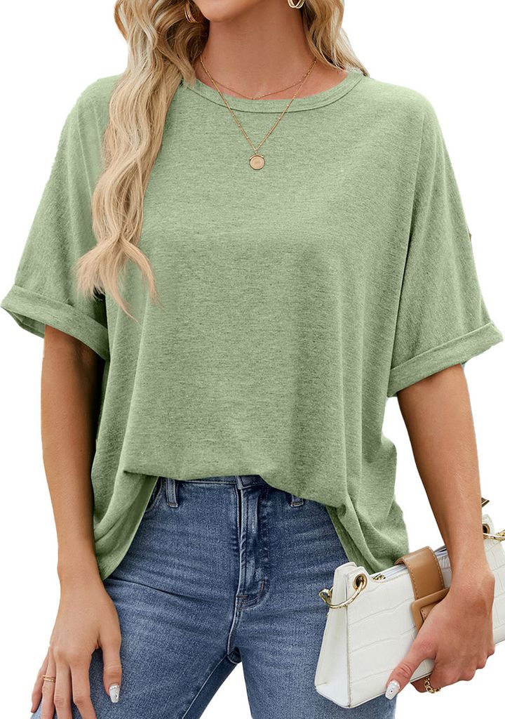 ASKSA Damen T-Shirt Sommer Kurzarm Oversized Rundhals Shirts Tops Casual Basic Tee Oberteile, Gruen, Groesse: XXL