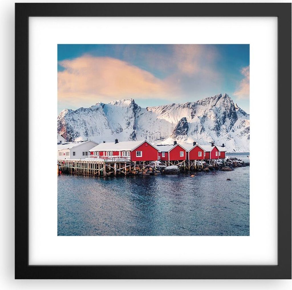 Gerahmtes Poster - Schwarzer Rahmen - Lofoten Dorf Angeln - 30x30 cm - Wand Bild - Wanddeko - Wandbilder - Kunstposter - Wandposter - Bilderrahmen ...