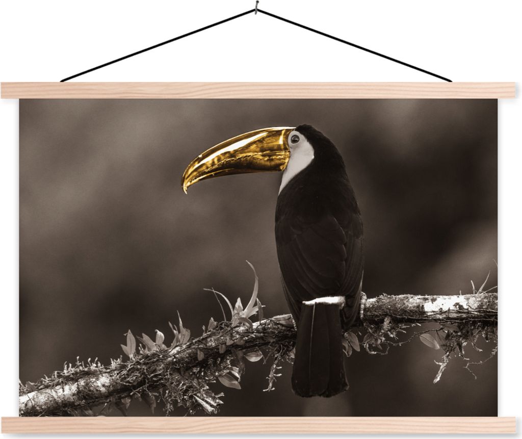 MuchoWow Textilposter Vogel - Tukan - Gold - Schwarz 120x80 cm mit holzfarbenen Rahmen - Aufhängeset