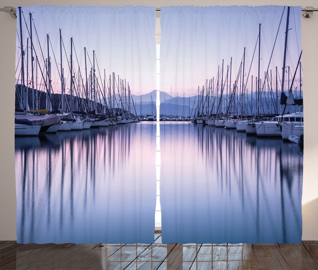ABAKUHAUS Sommer Rustikaler Vorhang, Yachthafen in Sunrise, Wohnzimmer Universalband Gardinen mit Schlaufen und Haken, 280 x 245 cm, Lila Lila Grau