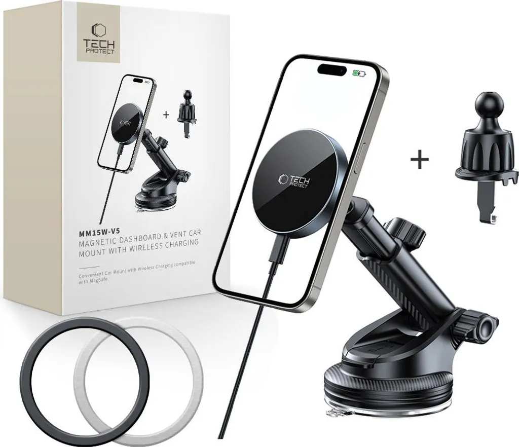 Tech-Protect Mm15W-V5 Magnetic Magsafe Dashboard & Vent Mount Car Charger Wireless 15W Nero/Nero