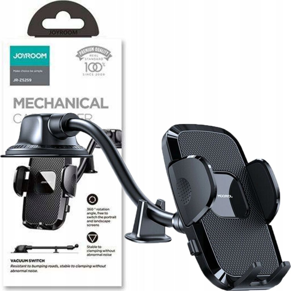A product image showing the packaging and the product itself, a black car phone holder.