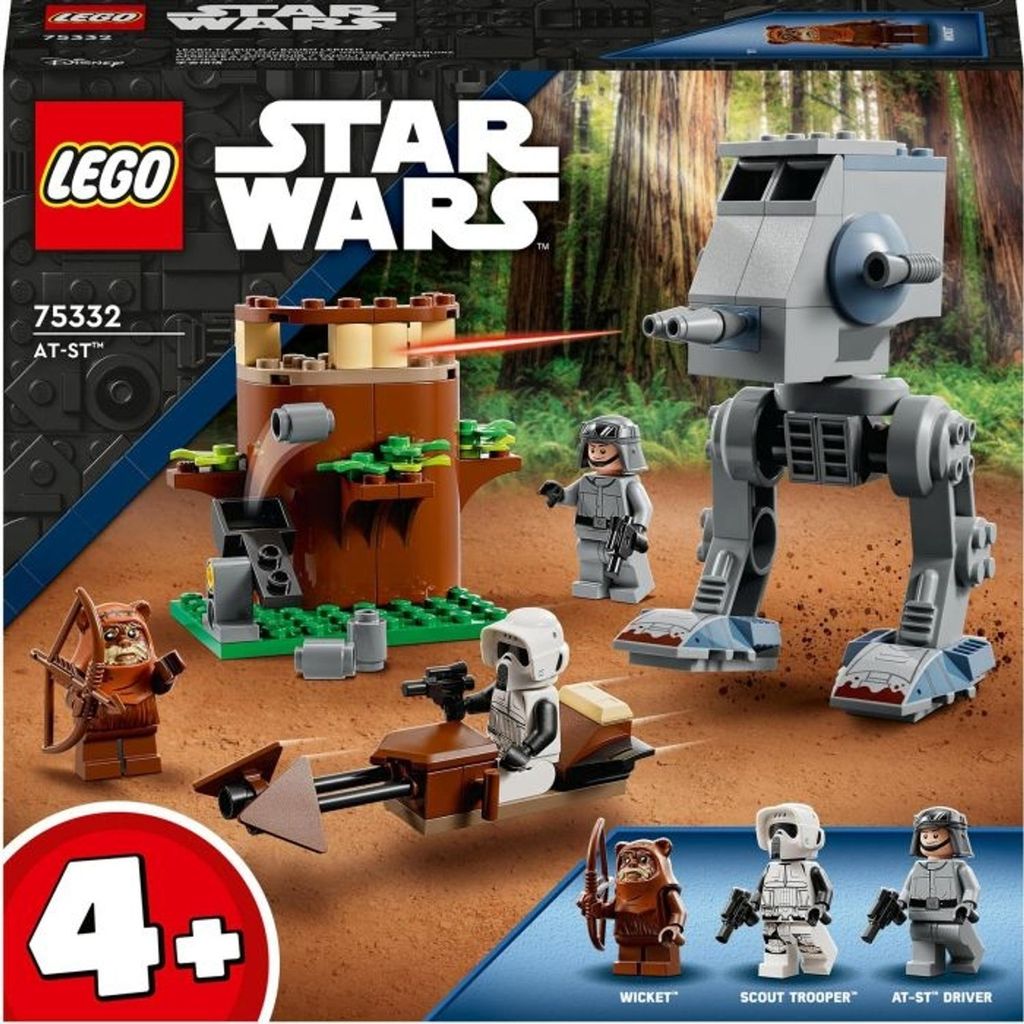 The image shows the packaging of a LEGO Star Wars AT-ST set, featuring the AT-ST walker, a tree-like structure, and several minifigures including an Ewok and stormtroopers, set against a forest background.