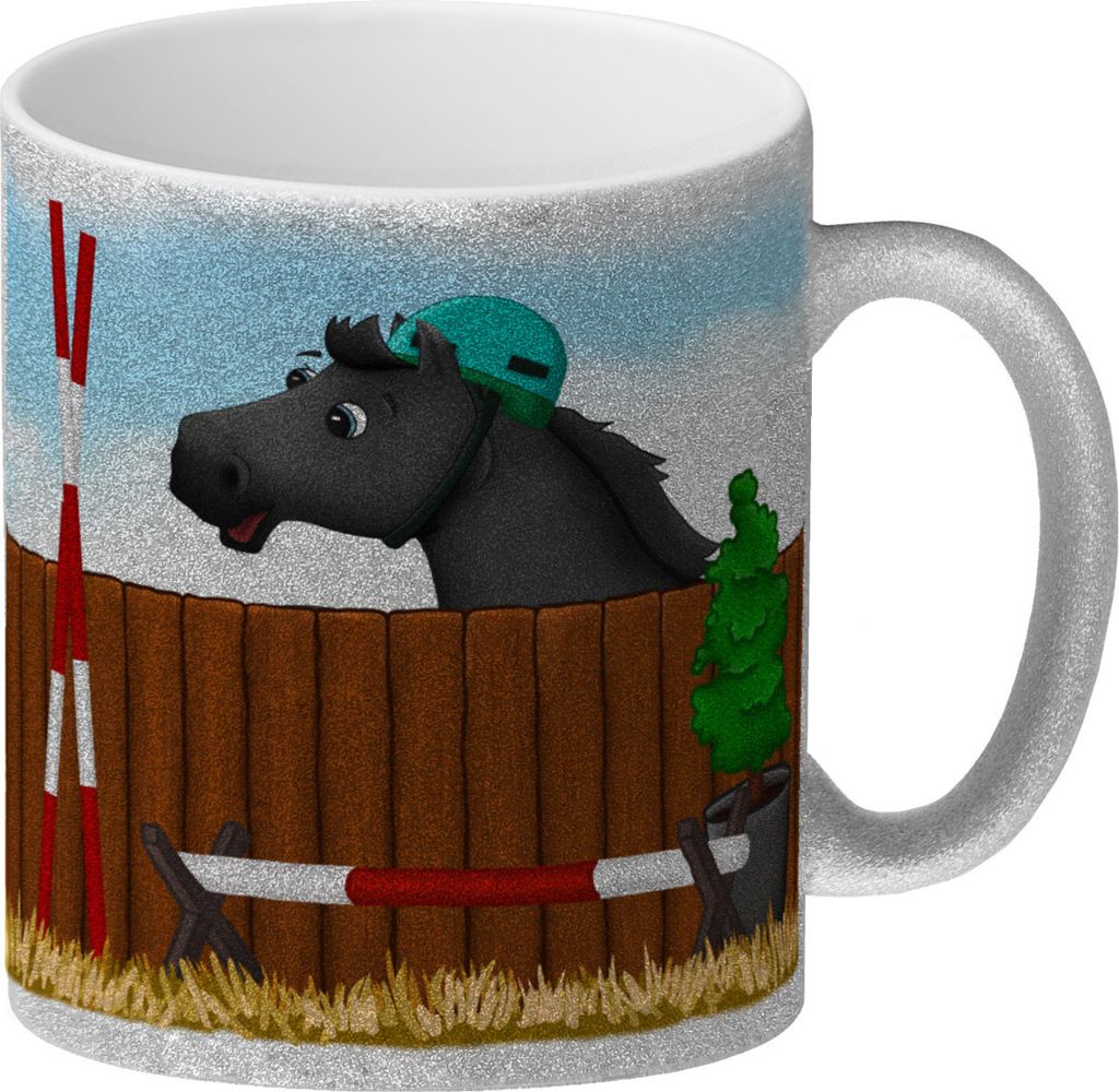 Glitzer-Glitzer-Kaffeebecher mit schwarzes Pferd Motiv