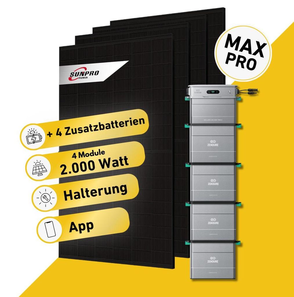 2000 Watt, Bifazial Komplettset, Balkonkraftwerk, Zendure Solarflow 800 Pro 2, 4 x AB2000L Zusatzbatterie
