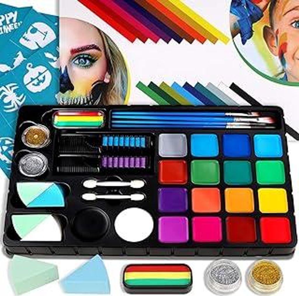 Bodypainting Schminke & Gesicht Farben Kinder Schminke Fasching Make-up Palette-Safe & ungiftig Easy Wash, 18 Farben 28 Schablonen mit 4 Pinsel fü...
