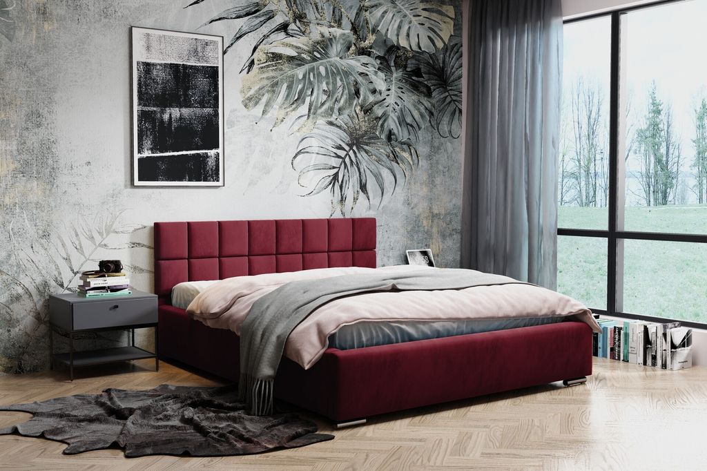 Polsterbett Dream inkl. Schaummatratze SELEKT, 120x200 cm, Doppelbett mit Bettkasten und Lattenrost aus Holz, Velourstoff: Bordeauxrot