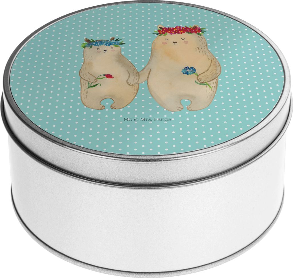 Mr. & Mrs. Panda Blechdose rund Bären mit Blumenkranz - Türkis Pastell - Geschenk, Vorratsdosen, Mutti, runde metalldose, Bruder, Dose, Mama, Mut...