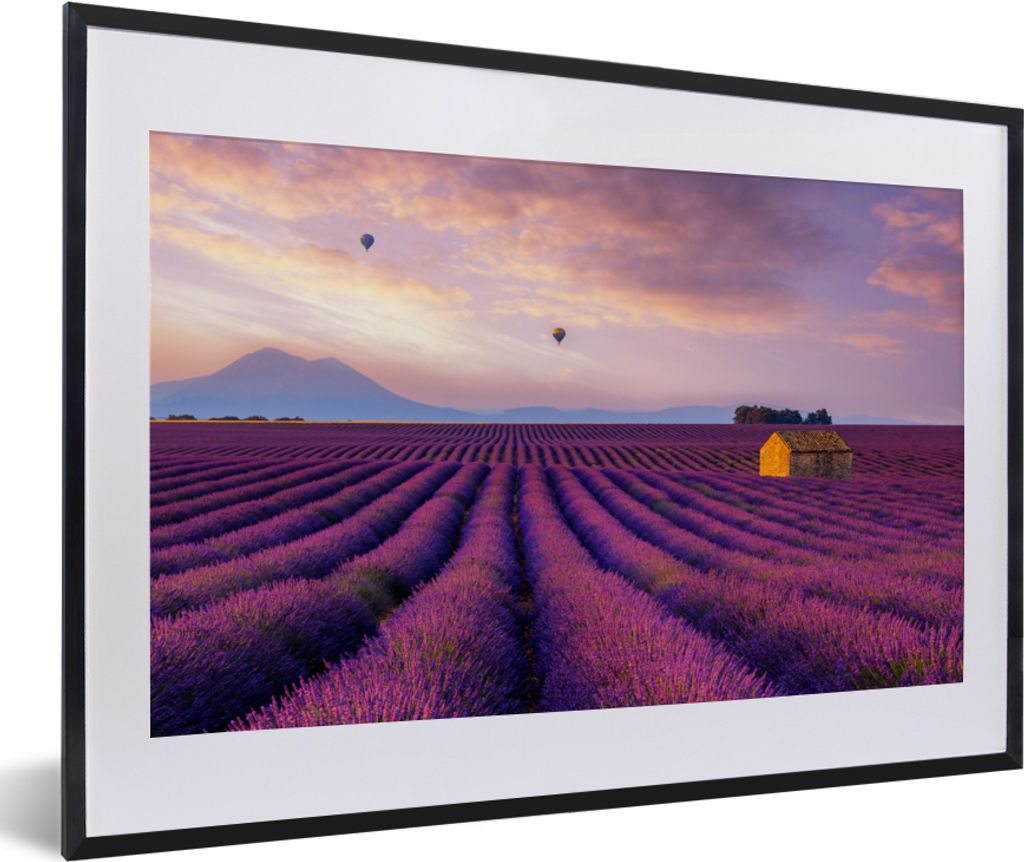 MuchoWow Gerahmtes Poster Lavendel - Heißluftballon - Berg - Lila 60x40 cm - Poster mit Schwarzem Bilderrahmen Wandposter Rahmen Foto Bilder - S...