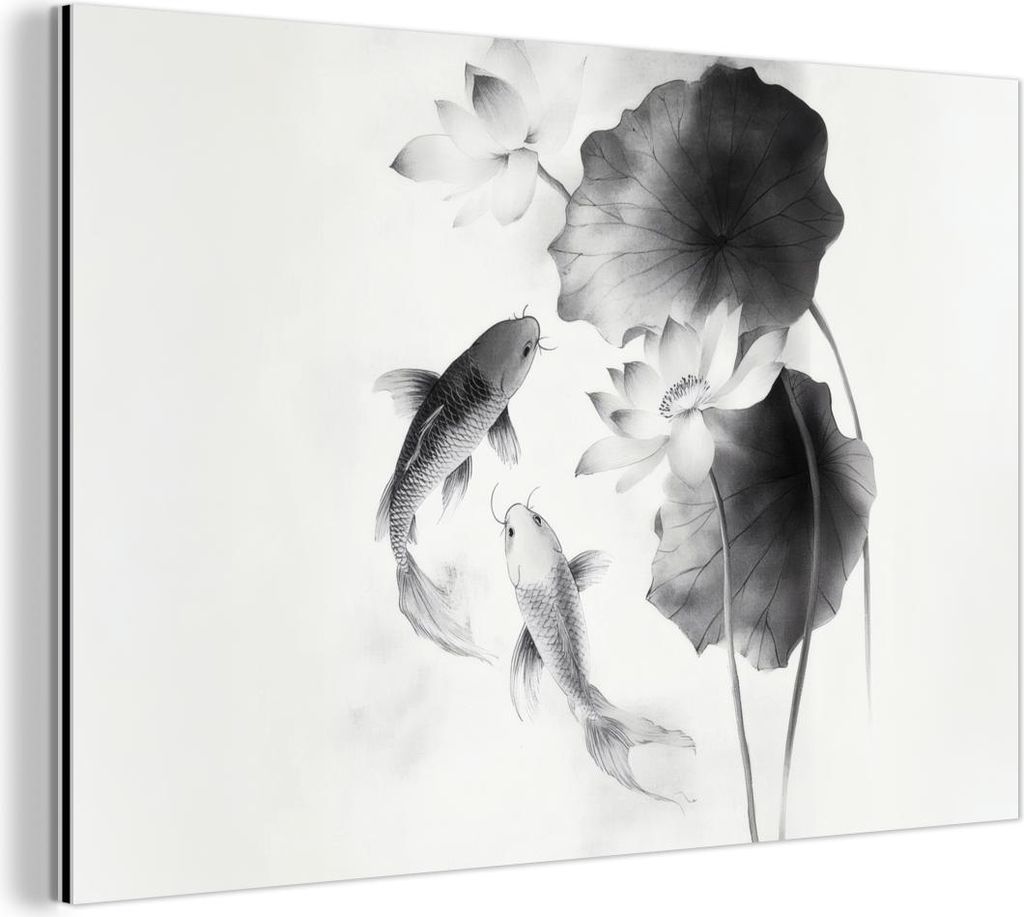 MuchoWow Wanddekoration Metall Metallbild Wandkunst 60x40 cm Lotusblumen - Fisch - Blätter - Schwarz MuchoWow Aluminium Gemälde - Gemälder