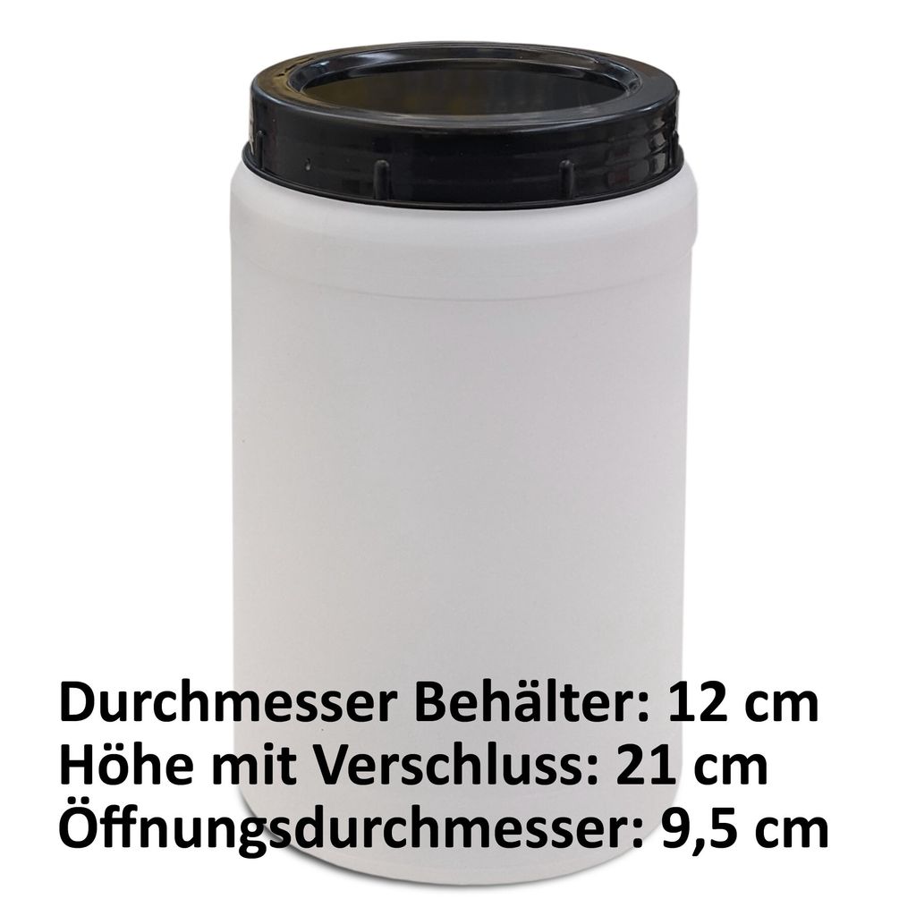 A white cylindrical container with a black screw-on lid, shown against a white background. Text below the container provides its dimensions.