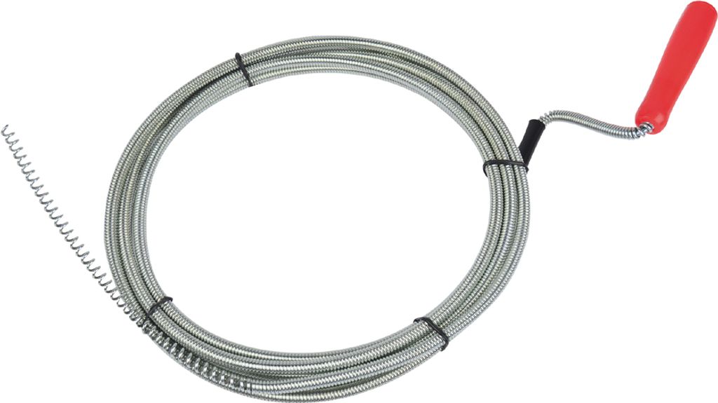 A coiled drain snake with a red handle against a white background.