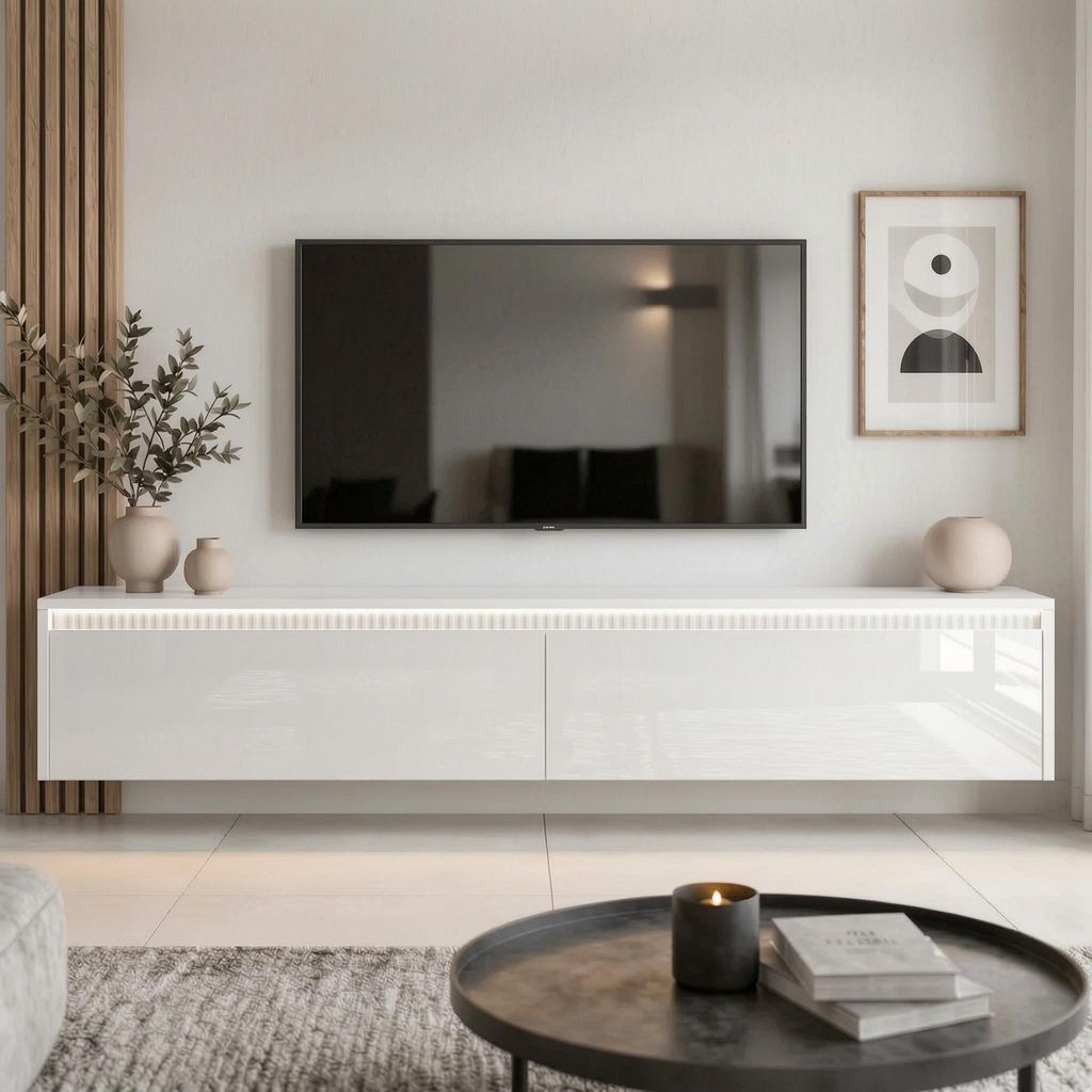 Meuble TV bas 170 cm LUMI II - Blanc brillant, meuble TV Image du produit 