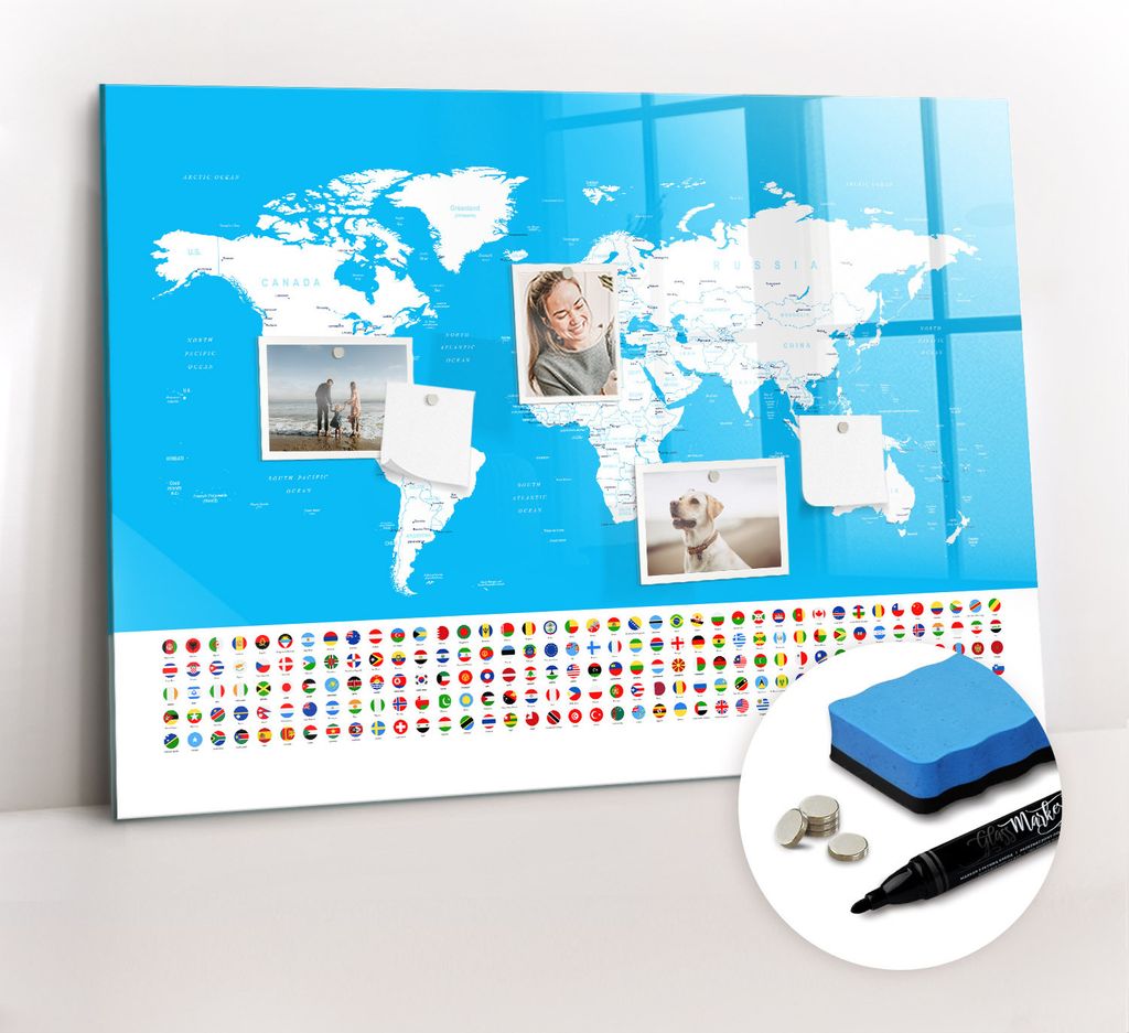 Magnetpinnwand Memoboard - Zubehörsatz - Schwarzer Marker + Schwamm + Magnete - 100 x 70 cm - Übersichtskarte der Länder
